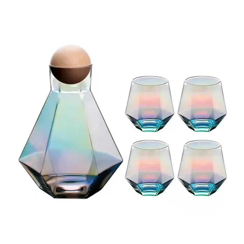 Glazen Karafset 5-delig met Diamantreliëf Transparant Glas Beukenhout Dop voor Serveren van Water Sap Wijn