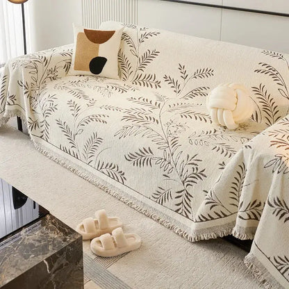 Chenille Jacquard Bankbeschermer met Bladpatroon – Antislip Bankhoes Bescherming
