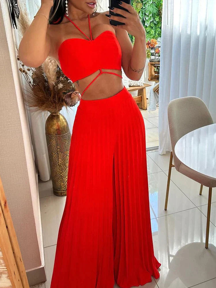 Vrouwelijke Crop Top en Wijde Broek Set Rood - StudioMarella