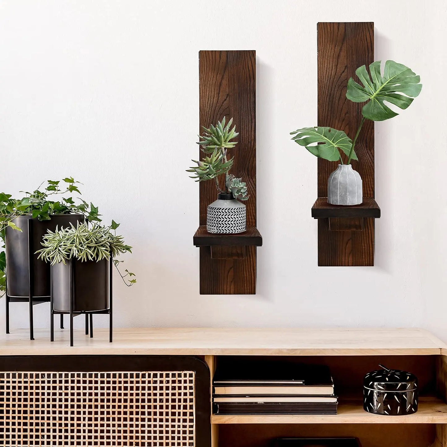 Japandi Wandkandelaar Hout Rustiek Set 2 Stuks Wandmontage Kaarsenhouder Woonkamer Slaapkamer Vintage Muur Decoratie Pilaarkaars Houder