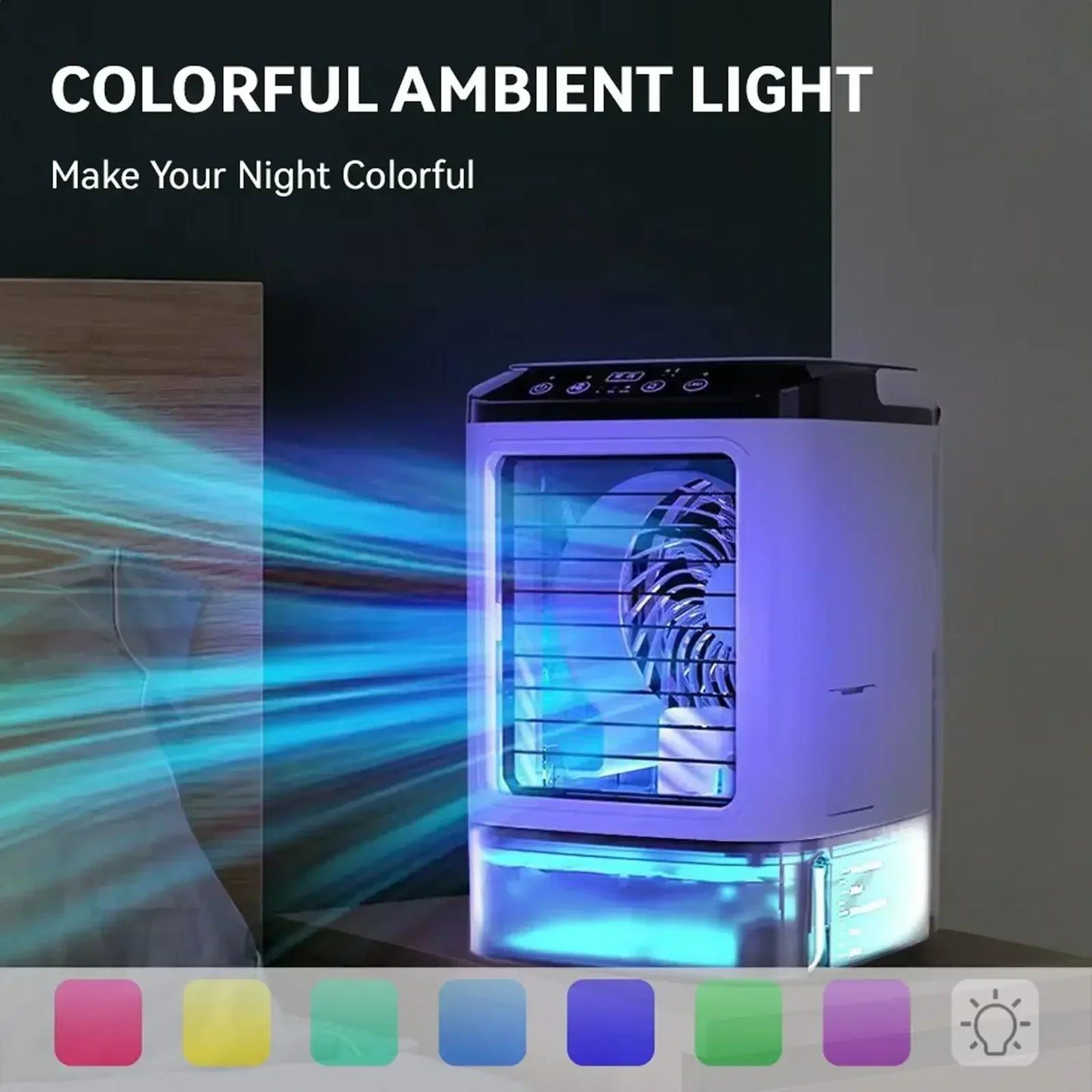 Draagbare Luchtkoeler met Waterverneveling 900ml – 3 Snelheden, 7-Kleuren LED-Sfeerlicht voor Thuis, Kantoor of Slaapkamer