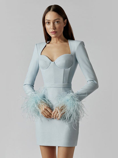 Korte Jurk voor Vrouwen met Veer Details Elegante Minirok