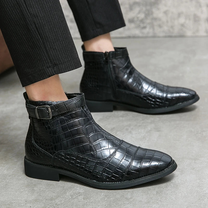 Heren Enkellaars Luxe Leer met Croco Print