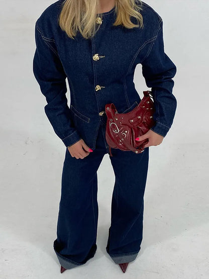 Dames Jeans Set - High Waist Broek en Jeansjasje Slim Fit