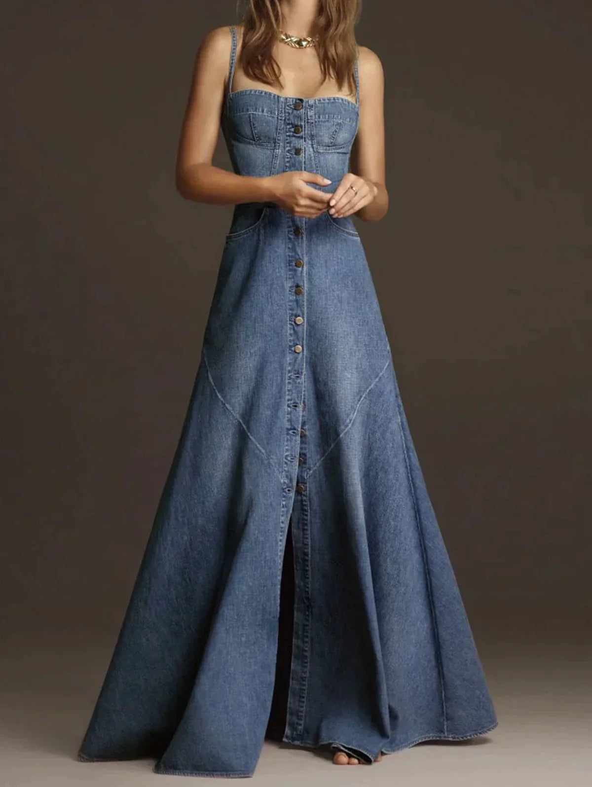 Korte Denim Jurk Vintage Stijl Vierkant Kraag - StudioMarella