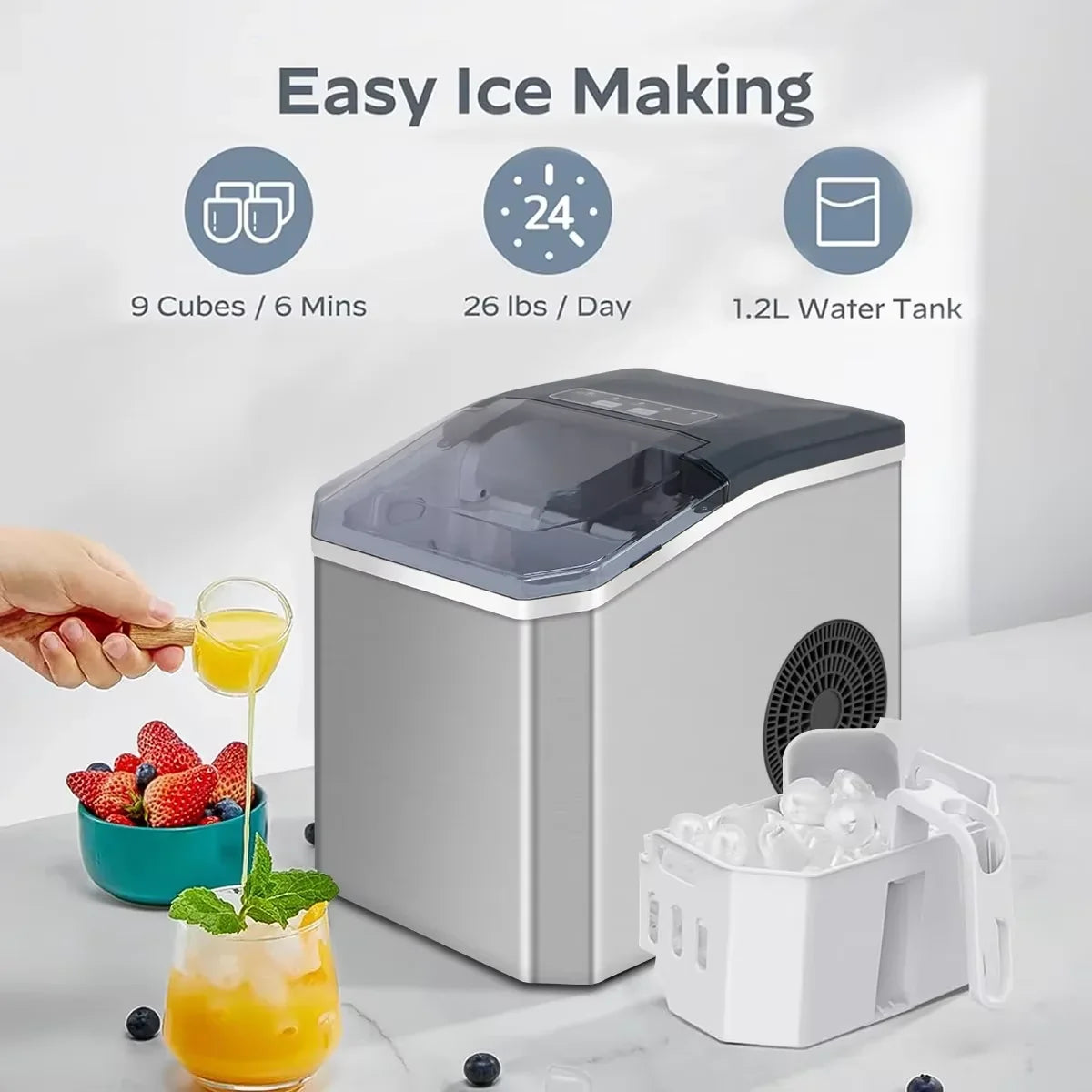 IJsmachine Automatisch RVS 110W 15kg Per Dag Keuken Bar Kantoor Zelfreinigend Ijsblokjesmachine 2 Maten Snel 9 Blokjes