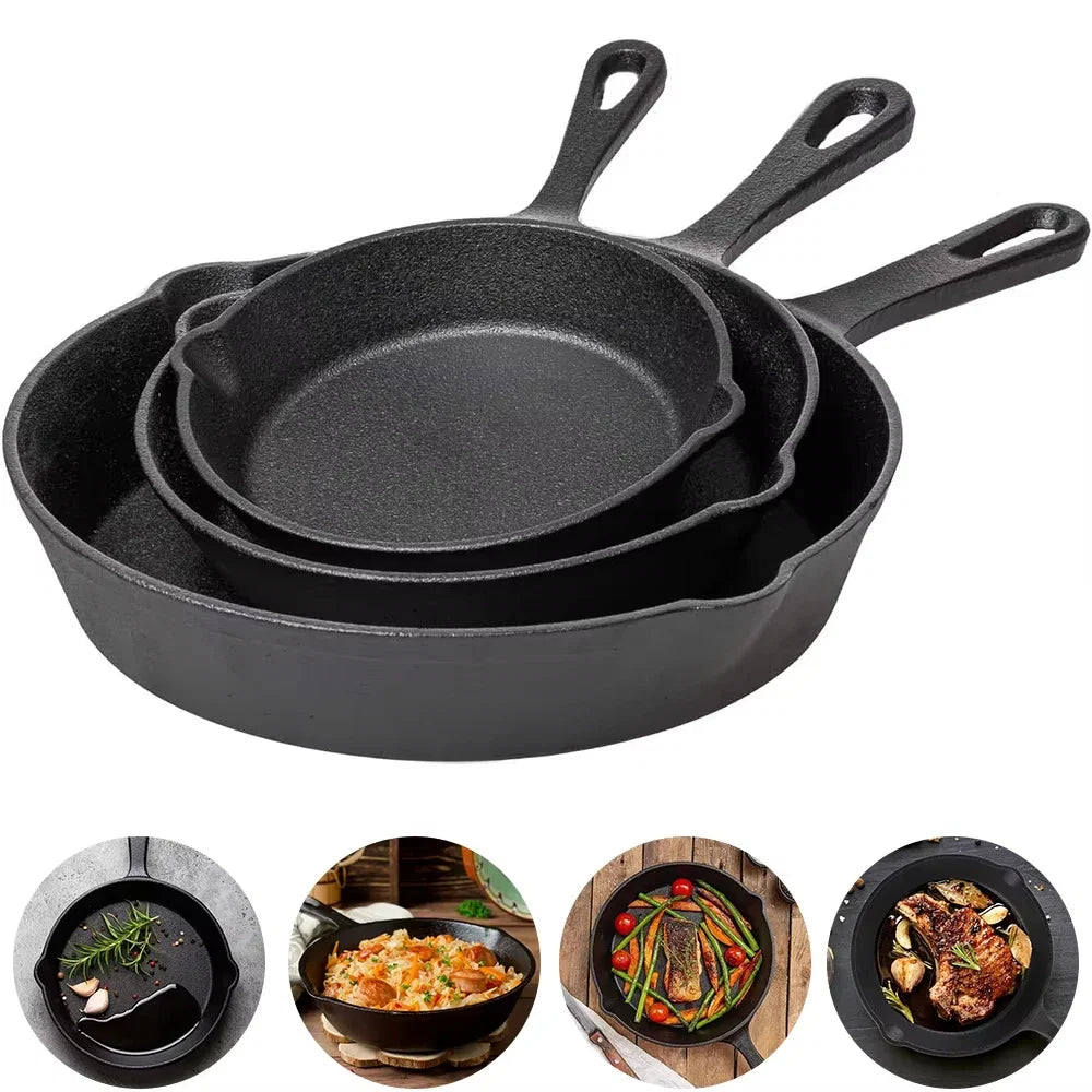 Gietijzeren Koekenpannenset 3-delig 16-20-26cm Inductie Gasfornuis Ongecoat Braadpan Omeletpan Roerbakpan Zwart