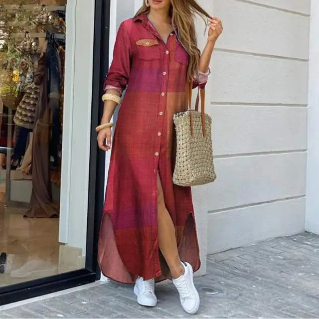 Maxi Jurk Denim Relaxte Pasvorm Met Shirtkraag