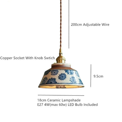 Handgeschilderde Keramische Hanglamp Scandinavisch Design Met Koperen Fitting Bloemenpatroon Voor Eettafel Keuken En Slaapkamer