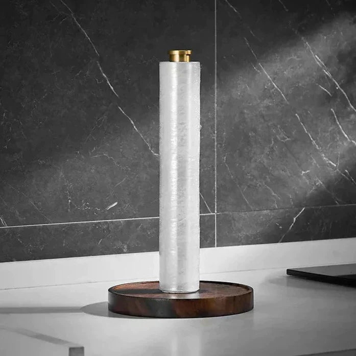 Keukenrolhouder Walnoot Hout Goud RVS 27cm Aanrecht | Keukenpapier Houder Staand Luxe Keuken