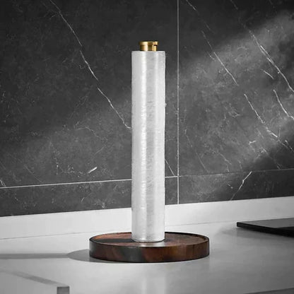 Keukenrolhouder Walnoot Hout Goud RVS 27cm Aanrecht | Keukenpapier Houder Staand Luxe Keuken