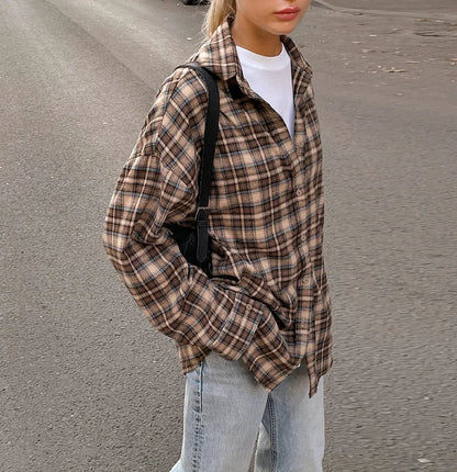 Dames Oversized Blouse Geruit Bruin met Knoopsluiting