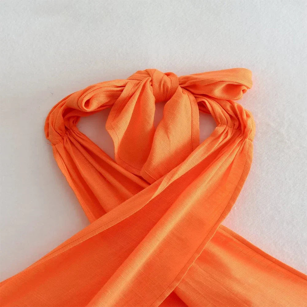 Dames Haltertop Kort Oranje Gekruist Design