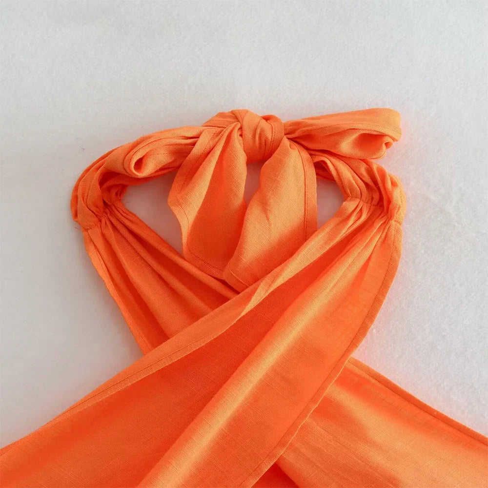 Oranje Haltertop Korte Dames Top Gekruist Design