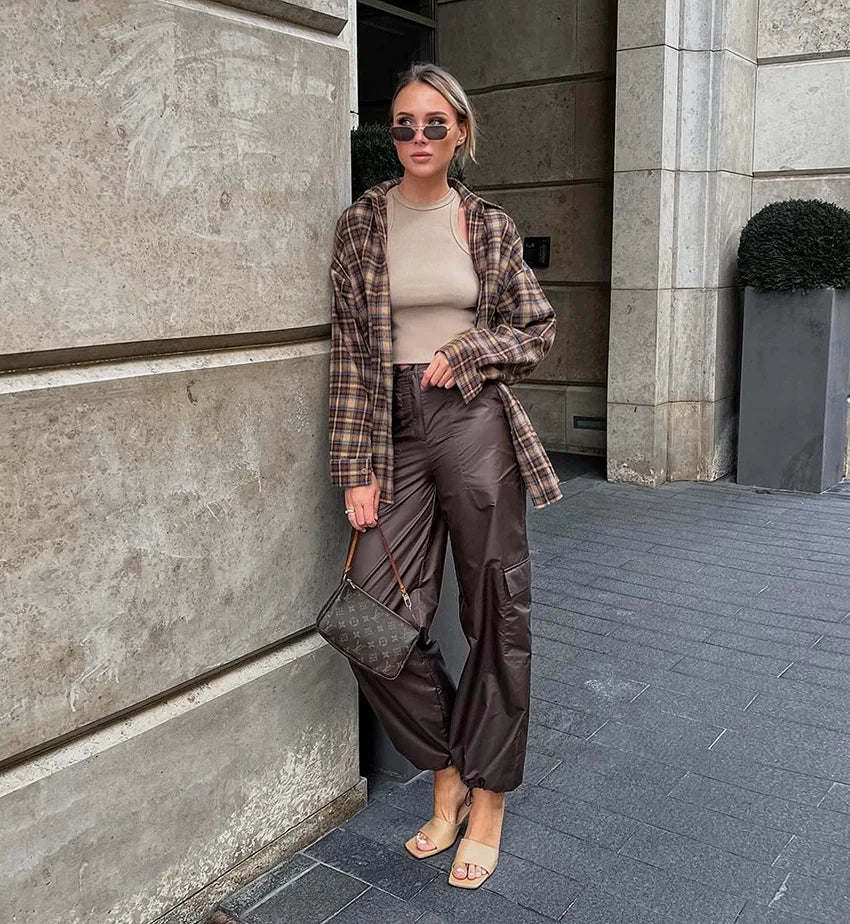 Dames Oversized Blouse Geruit Bruin met Knoopsluiting