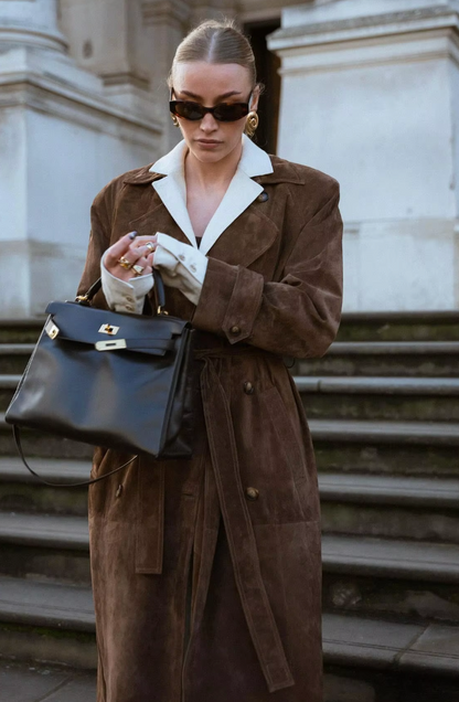 Dames Trenchcoat Suède Leren Jas Met Ceintuur