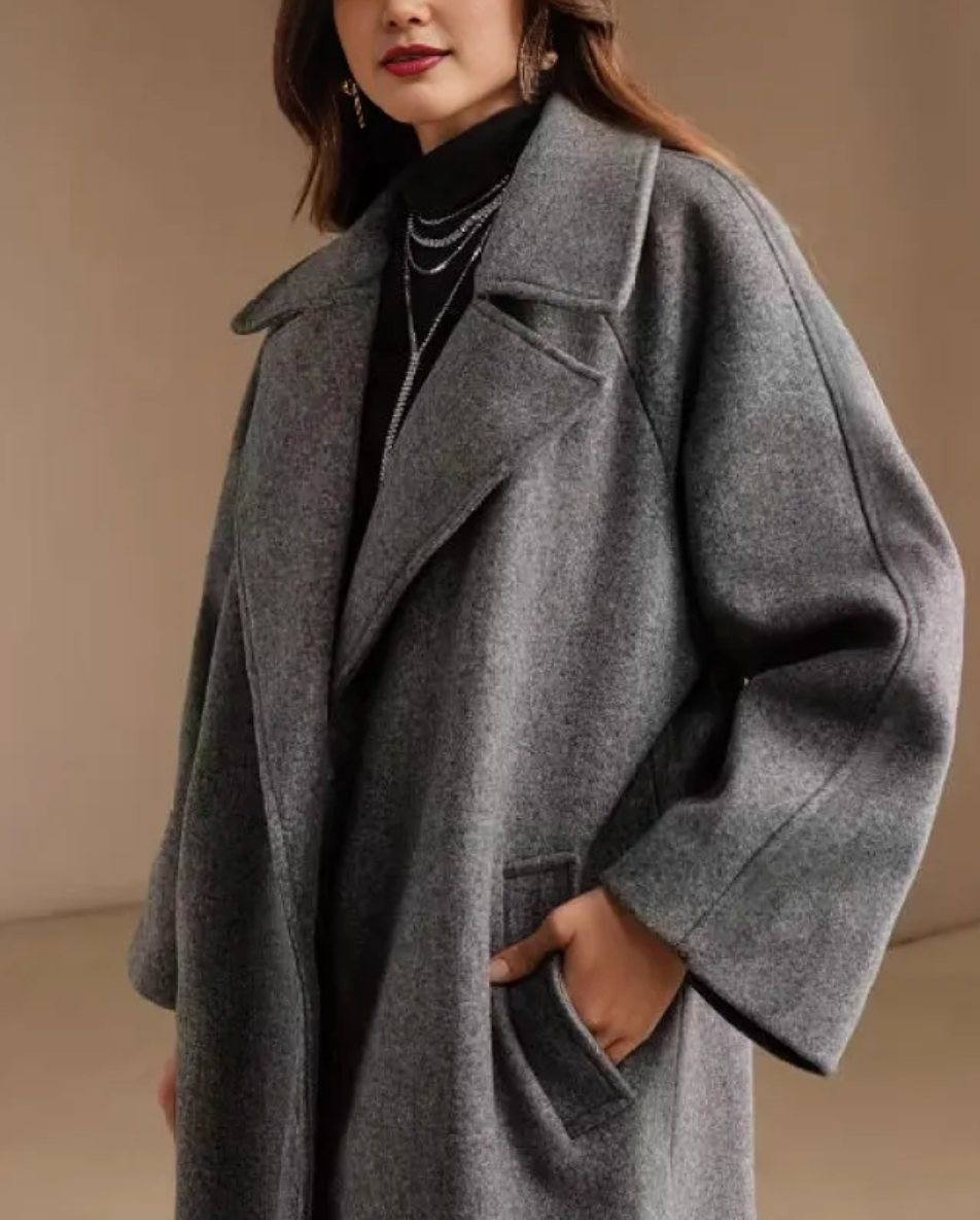 Dames Wollen Jas Grijze Lange Warme Elegante Stijl