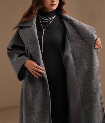 Dames Wollen Jas Grijze Lange Warme Elegante Stijl