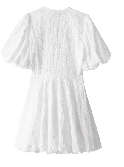 Dames Jurk Wit met Ruches en Geborduurde Bloemen Details