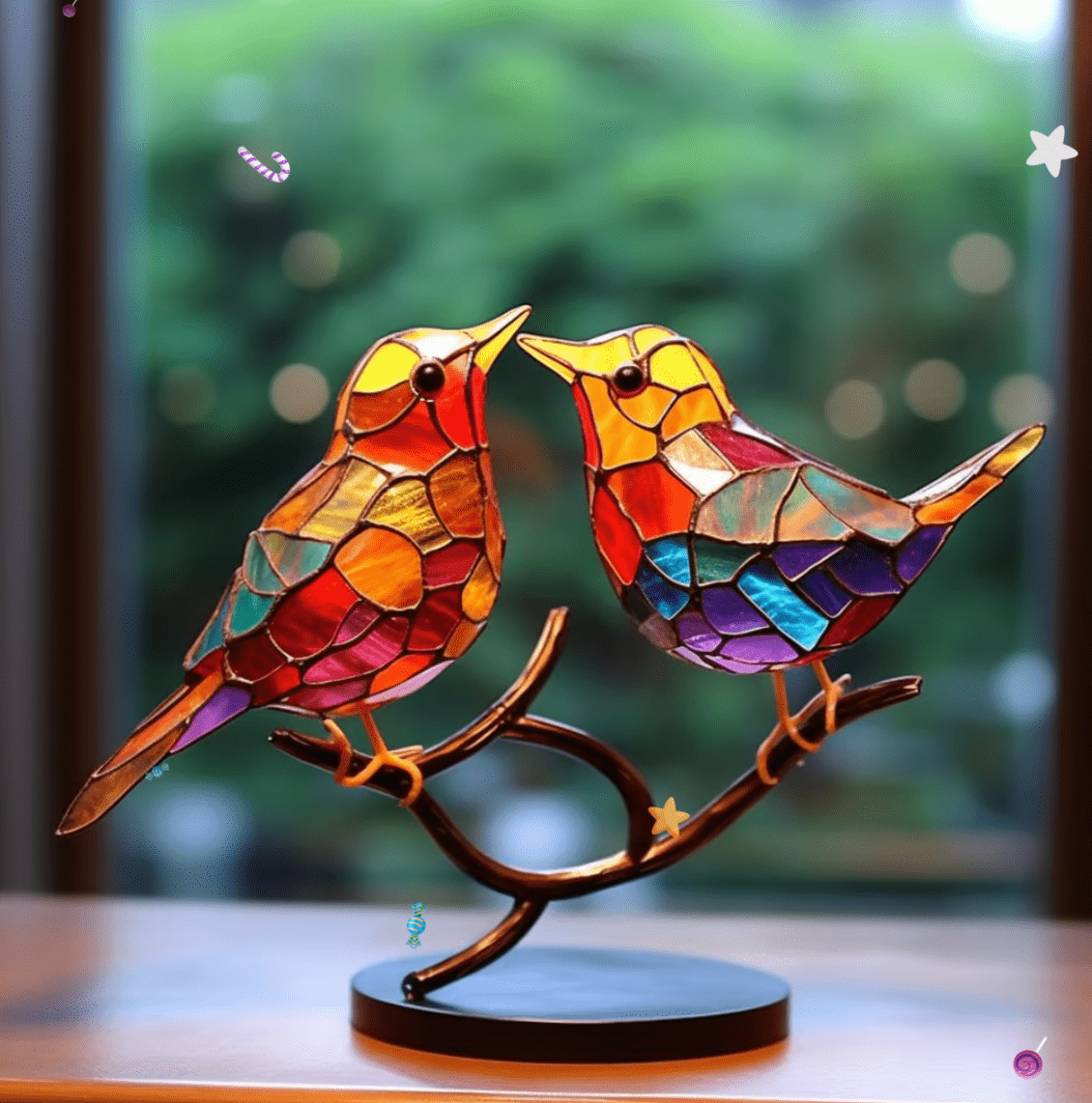 Glas-in-lood Vogels Decoratie – Kleurrijk Zonlicht Effect voor Raam – Handgemaakt Kunstglas met Natuurlijke Uitstraling – Decoratieve Vogelfiguren Interieur