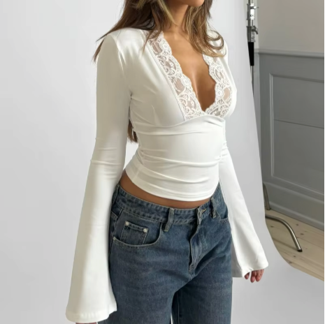 Dames Top met Lange Mouwen V-hals Kant Detail Crop Model