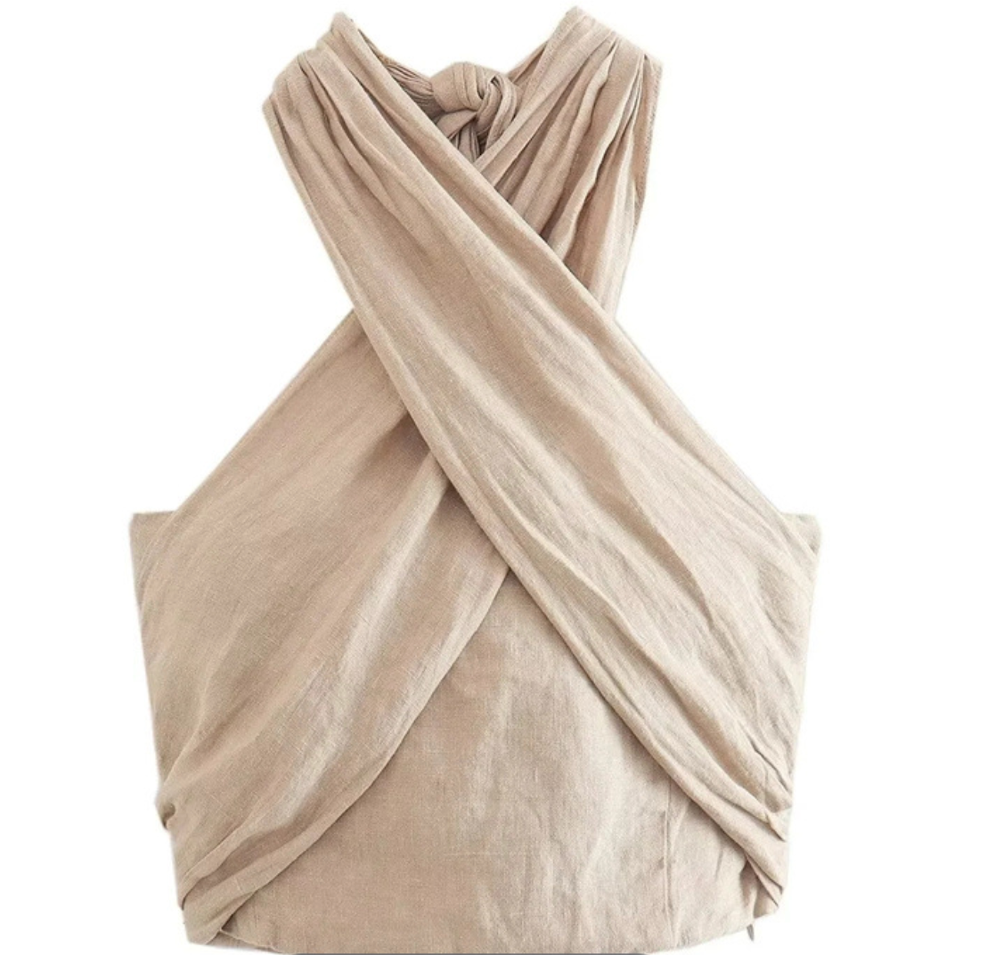 Vrouwelijke Crop Top Beige Halterneck Crisscross Stijl