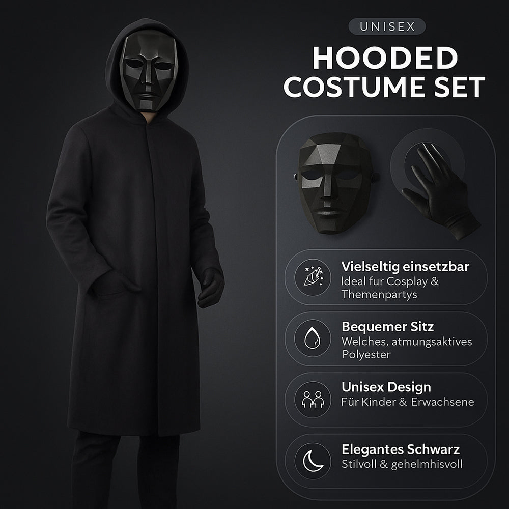 Mysterieus Kapuzenkostuum Zwart met Masker & Handschoenen Unisex Halloween Cosplay Party Outfit voor Kinderen & Volwassenen