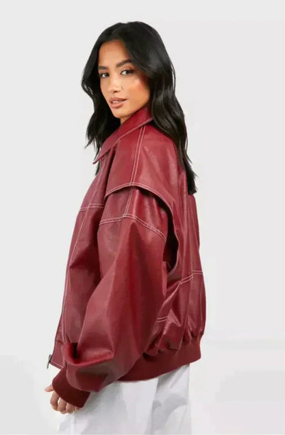 Dames Leren Jas Rood Oversized Stoer en Trendy