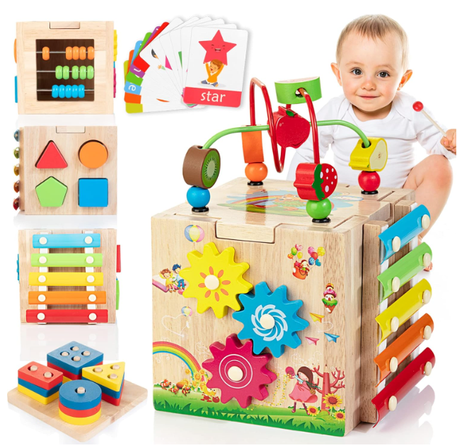 8-in-1 Houten Activiteitenkubus voor Peuters – Montessori Ontdekkubus met Xylofoon & Kralenframe