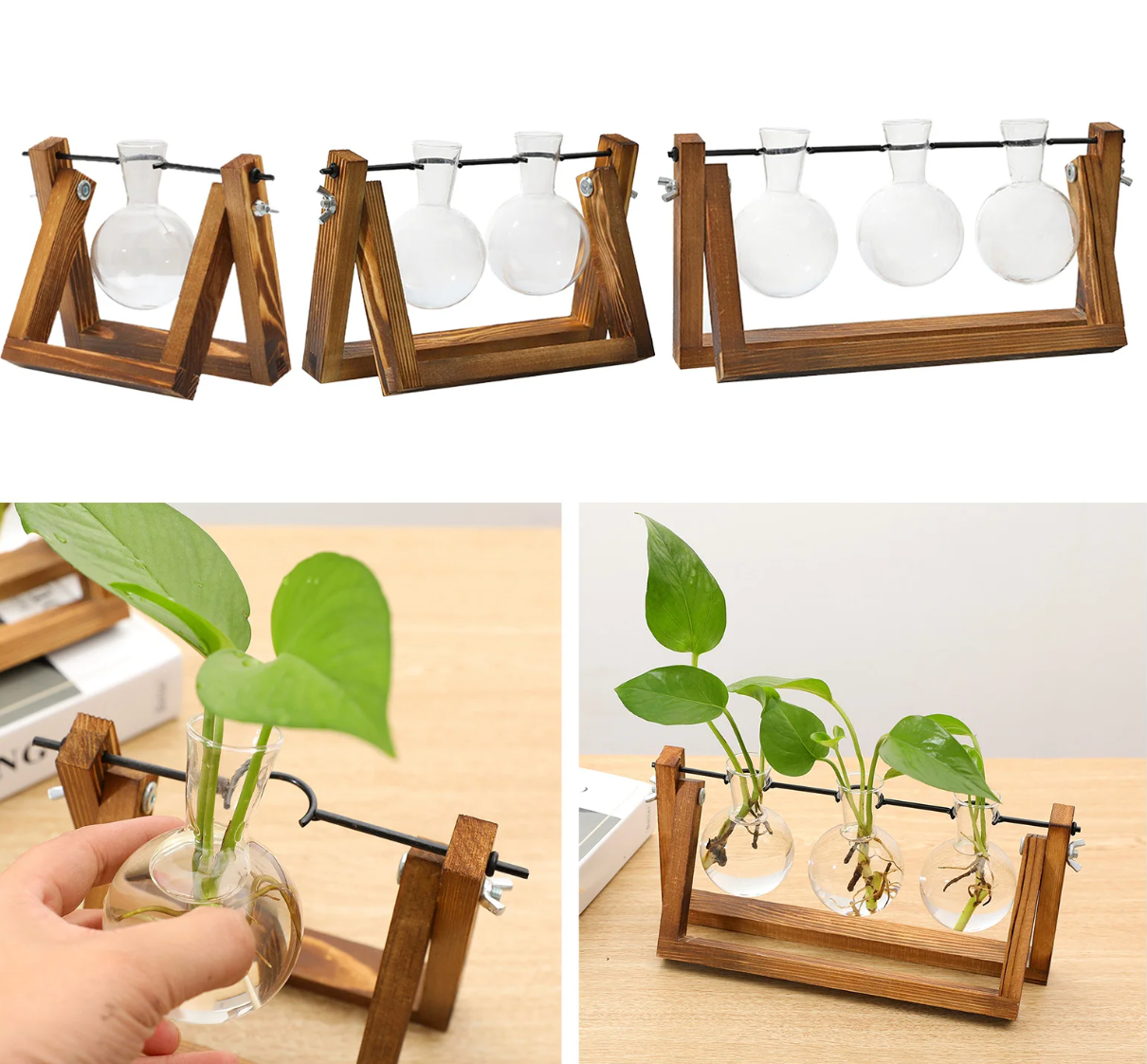 Plantenpropagator Standaard Hout & Glas Stekhouder Vintage Stijl voor Kamerplanten