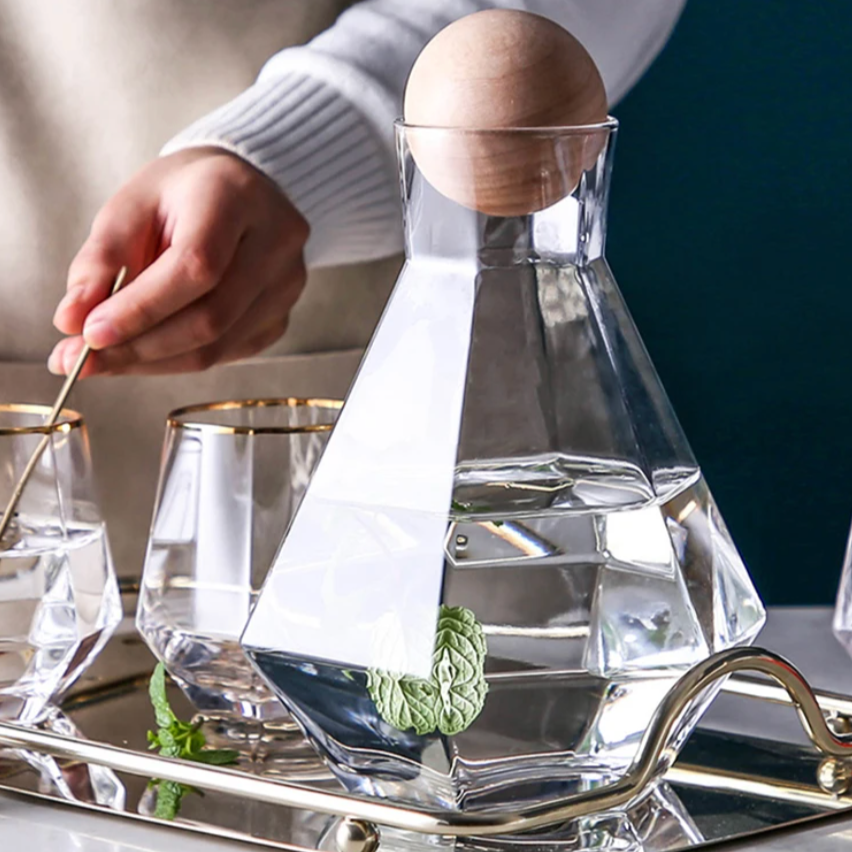 Glazen Karafset 5-delig met Diamantreliëf Transparant Glas Beukenhout Dop voor Serveren van Water Sap Wijn
