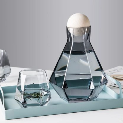 Glazen Karafset 5-delig met Diamantreliëf Transparant Glas Beukenhout Dop voor Serveren van Water Sap Wijn
