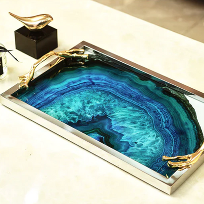 Decoratief Dienblad met Blauwe Agaatpatroon – Elegant Serveerblad met Glazen Inleg en Edelstalen Rand – Uniek Natuursteen Design voor Tafel en Interieur