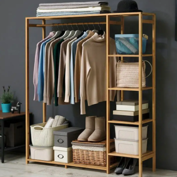 Bamboe Kledingrek Open Kast Met Planken 90x145cm Natuurlijk Hout