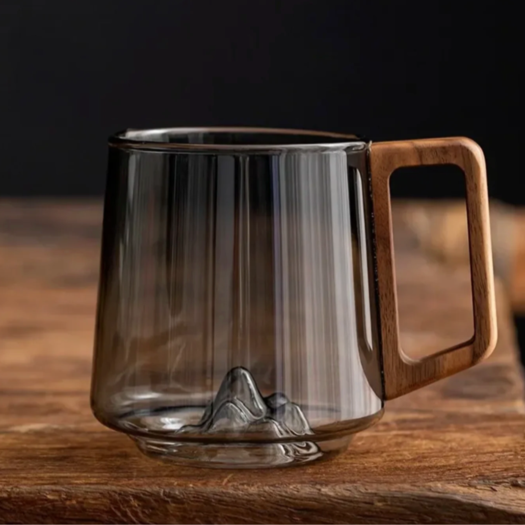 Glazen Bergpiek Beker met Dubbele Wand 300ml – Hittebestendig Borosilicaatglas met Houten Handgreep voor Koffie en Thee