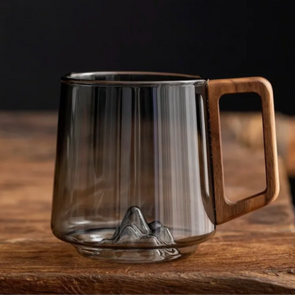 Glazen Bergpiek Beker met Dubbele Wand 300ml – Hittebestendig Borosilicaatglas met Houten Handgreep voor Koffie en Thee