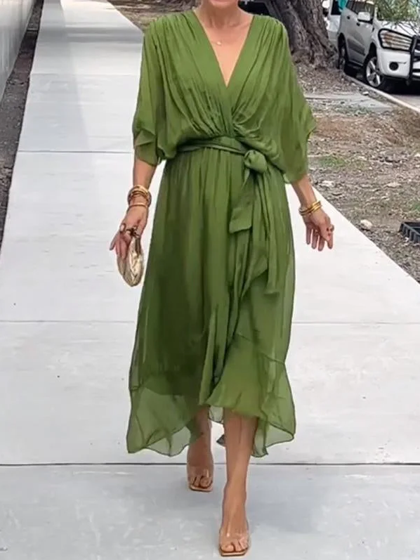 Midi Jurk Groen Chiffon Elegante Vrouwelijke Stijl - StudioMarella