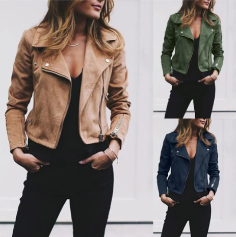 Dames Bikerjas Lange Mouwen Rits Zwart Casual Stijl