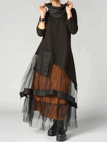 Jurk Lange Mouwen Ronde Hals Patchwork Boetiek Stijl