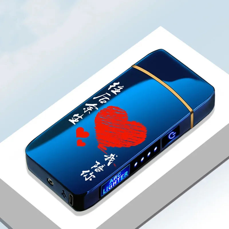 Elektronische Plasma Aansteker USB Oplaadbaar Winddicht Metaal Blauw Voor Kaarsen Pijp Muggenspiralen Dubbele Boog Touchsensor LED Display
