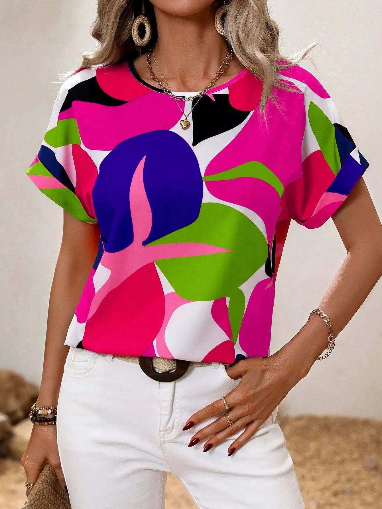 Vrouwelijke Blouse Korte Mouwen met Leuke Prints