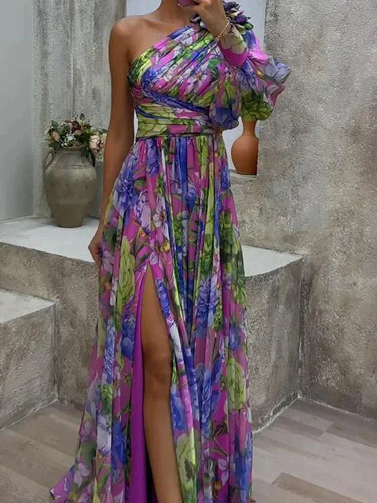 Paarse Maxi Jurk met Mouw en Zijsplit