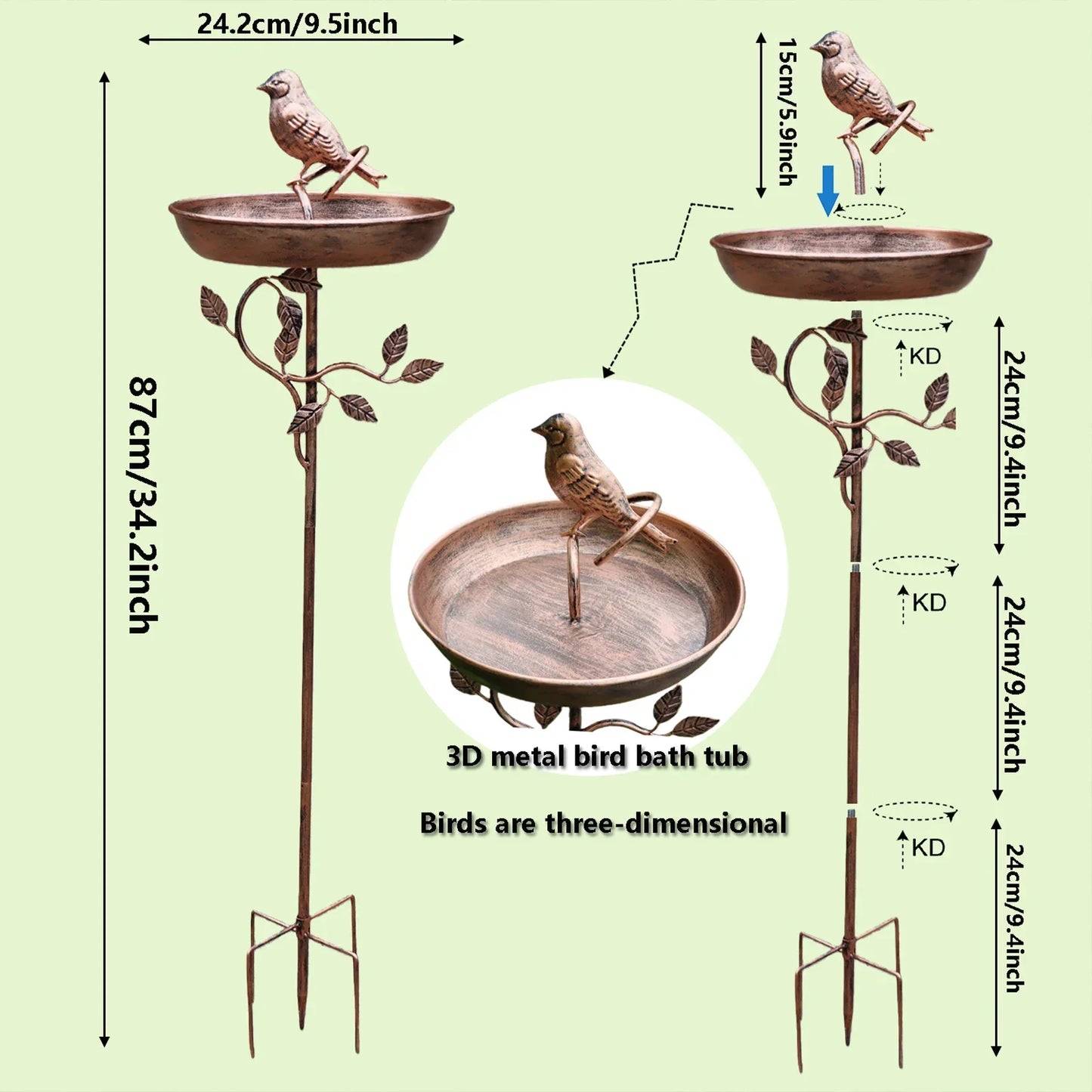 Vogelbad Metaal Koper Look 76cm 87cm Ø24cm Tuin Terras Decoratief Vogeldrinktrog Sieraad Grondpen Vintage Wildvogel Baden Drinken