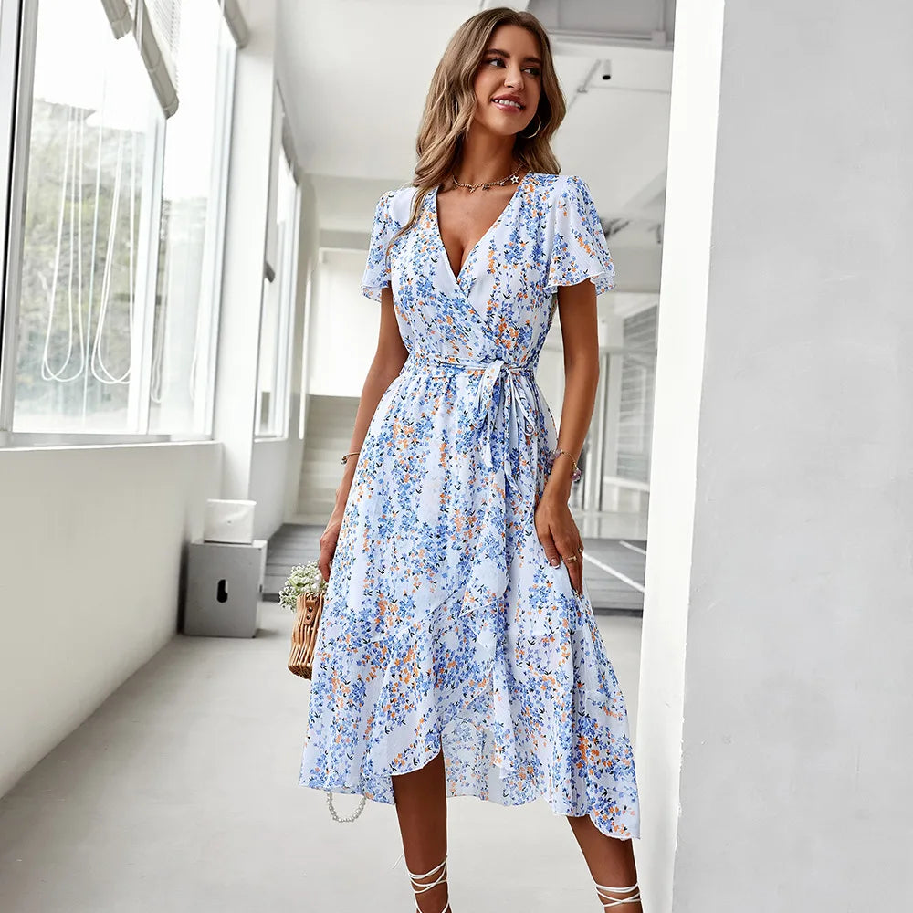 Dames Zomerjurk Korte Mouwen V-hals Mooi Model
