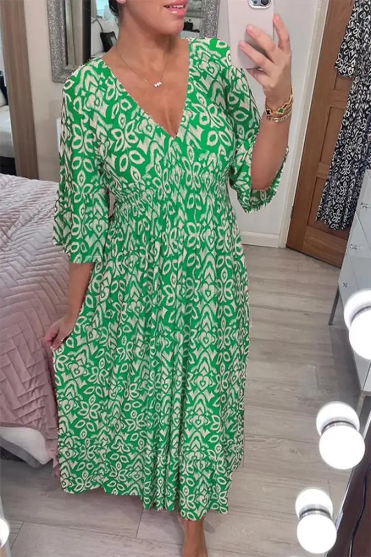 Boho Jurk voor Vrouw V-hals Plooien Zomerjurk