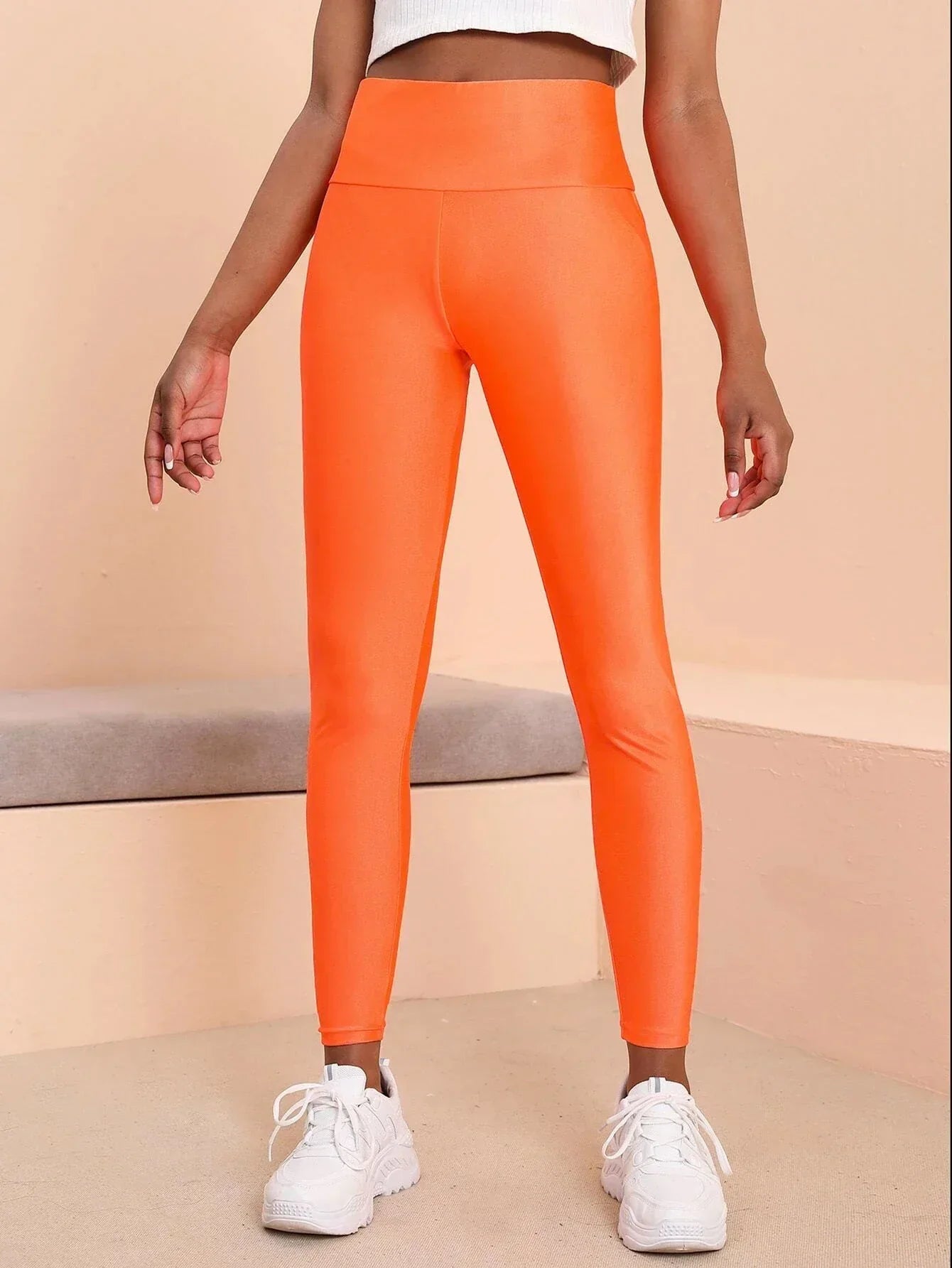 Oranje High Waisted Legging voor Dames Glanzend - StudioMarella
