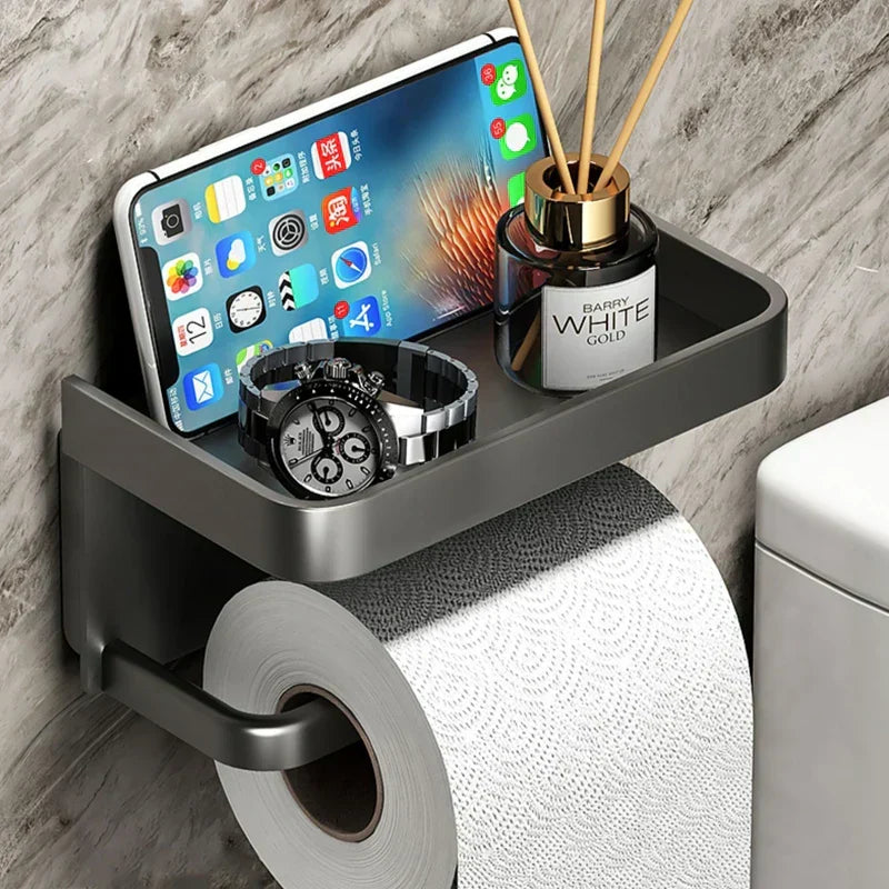 Toiletrolhouder Aluminium Zwart 18.3cm Met Plank Wandmontage Badkamer Telefoonhouder Opbergrek Modern Minimalistisch