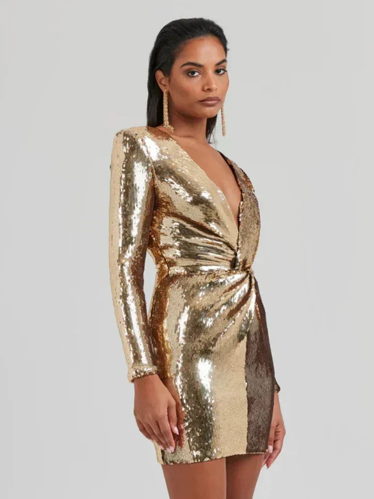 Glamoureuze Pailletten Feestjurk Lange Mouw Mini