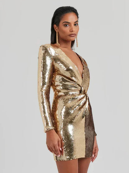 Glamoureuze Pailletten Feestjurk Lange Mouw Mini