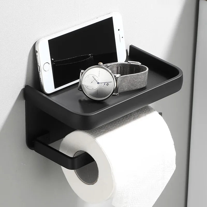 Toiletrolhouder Aluminium Zwart 18.3cm Met Plank Wandmontage Badkamer Telefoonhouder Opbergrek Modern Minimalistisch